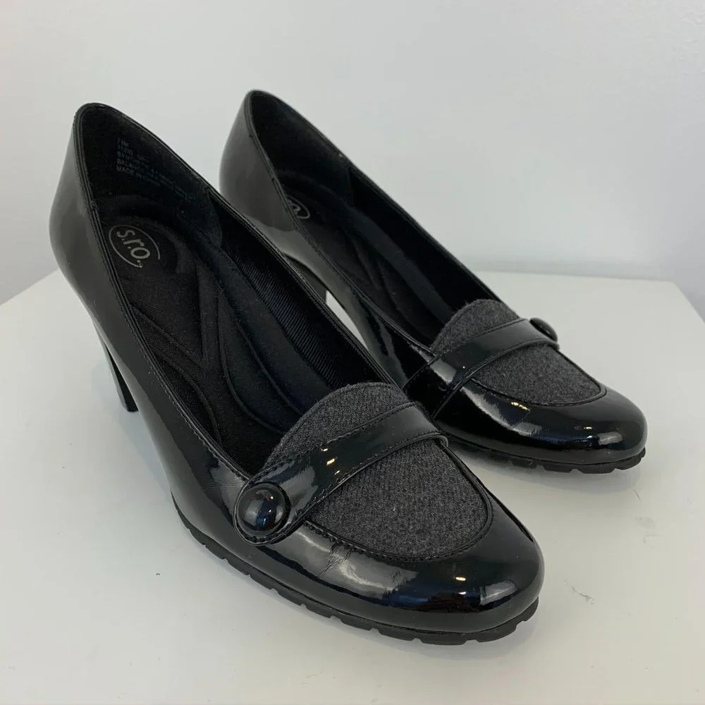 SRO Sz 7.5 Heeled loafers blk grey fabric heeled